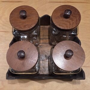 Vintage Wooden Lid Glass Jars Set